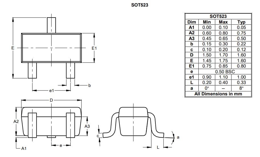 Mechanical Drawing - Diodes Incorporated DMN52D0LT N-Channel Enhancement Mode MOSFET